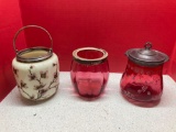 Opaline victorian glass biscuit box circa 1860 also two cranberry glass biscuit jars one missing lid