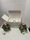 2 Mosser glass Jennifer sets, Glass candleholders, and two ceramic birds mark Japan