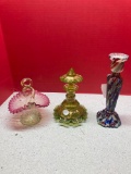 Vaseline glass ruffled twisted handle vase, Beidermeier Bohemian cut glass perfume bottle, glass
