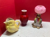 Antique Sevres Yellow Bird Pitcher Ceramic Porcelain, Chinese red double layer glass vase, satin