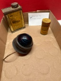 2 advertising tins, and blue glass light