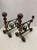 Wrought iron and brass andirons firedogs