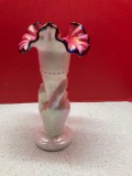 Fenton Black Rose Crest Iridescent Milk Glass 11? Hand Trumpet Cornucopia Vase