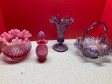 Fenton purple daffodil vase with label, purple ruffled basket with label, pink hobnail bowl and