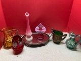 Fenton hand painted fairy lamp or light, pink stretch vase, amber hobnail pitcher, carnival glass