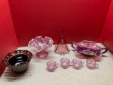 Fenton basketweave bowl, ruffled bowl, bell, opalescent dish, and mini punch bowl cups