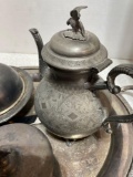 vintage silver plate serving platter and tea pot with cream pictures, butter tray, candle holder,