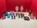 Sterling silver cased shot glasses, cobalt salt and pepper, hand painted glass