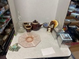 hull drip glaze other pottery and glass, pottery squirrel, metal tea Tins