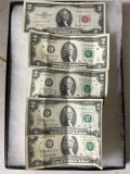 (5) two dollar bills red ink 1953 series