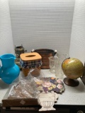 Replogle desk globe, copper container, Longaberger tissue basket, more