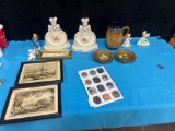 Framed mansion and ship, German mug, Figures and more