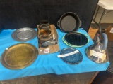 two cast iron mini cauldron, 11 assorted metal ceramic and glass decorative plates, Alessi Italian