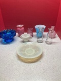 Fenton blue hobnail candleholder, vases, oil, and vinegar more