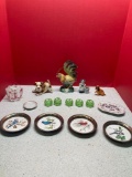 Green glass salts, ceramic figurines, Silver bird coasters