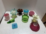 art glass, green and blue opalescent flower vase ruffled vases, hobnail Tray, West Virginia glass