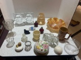 Amber carnival glass ruffled bowl and amber victorian lamp shade. more assorted glass, slat and