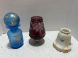 vintage purple cognac glass blue and gold leaf vase with stopper and lamp shade