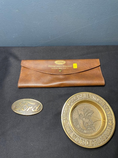 Ford brass belt buckle and paperwork holder and brass USS Carl Vincent 1983 ashtray