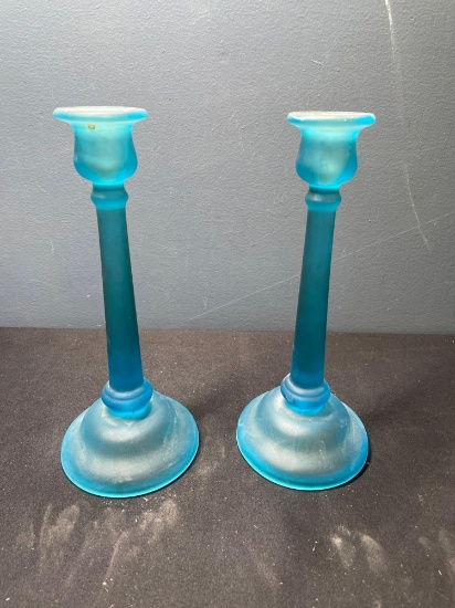 Tiffin sky blue satin glass candleholders