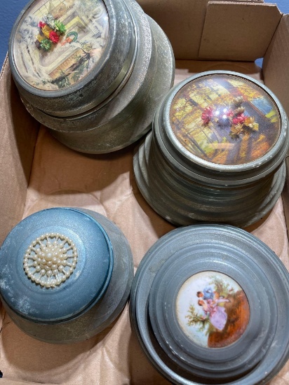vintage aluminum round vanity Powder Puff Music Trinket boxes etc