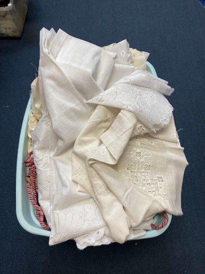 Tote full of linen tablecloths, curtains more