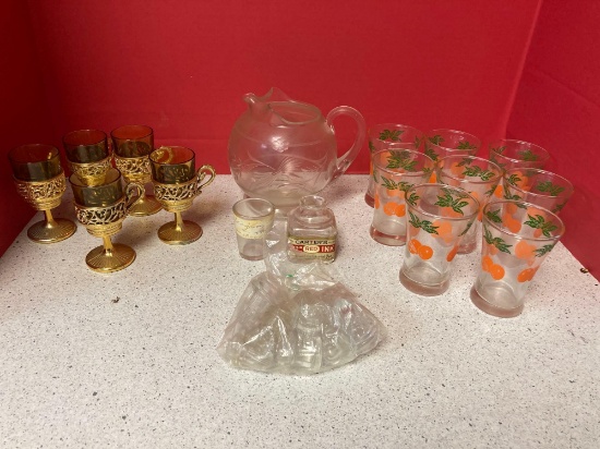 Vintage juice glasses, Sherry glasses and holders, small glass pitcher