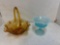 Fenton amber hobnail basket and Fenton blue opalescent compote
