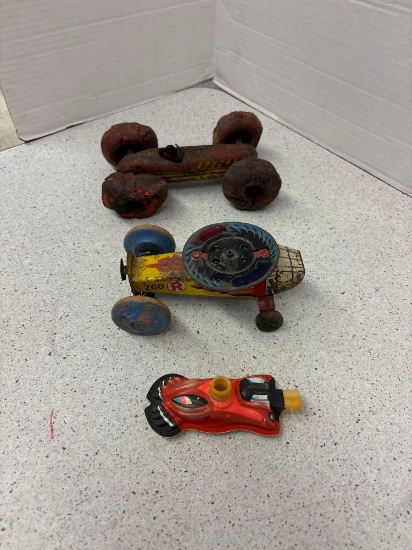 3 vintage toy vehicles see description