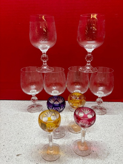A.H. Bleikrystal 4 colored cordials six etched glass goblets