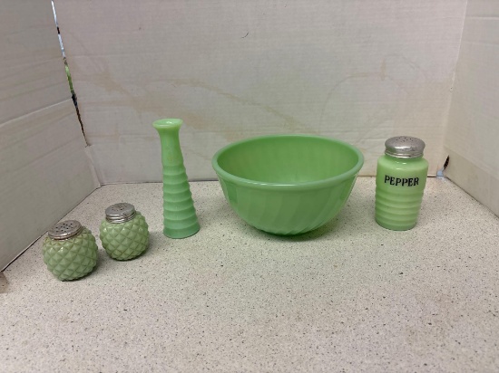 Jadite salt and pepper shakers vase and bowl