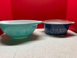 pyrex large bowls, one lid, butter, print, colonial mist