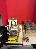 Glass jars in wood case headphones power tower