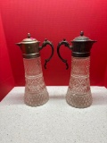 One Pair Cut Glass with Silverplate Top Carafes