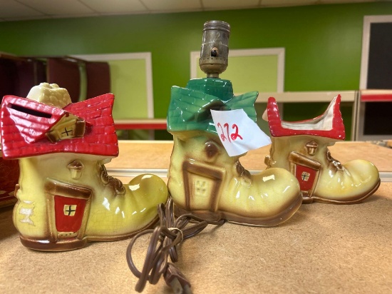 shoe house lamp, bank, vase