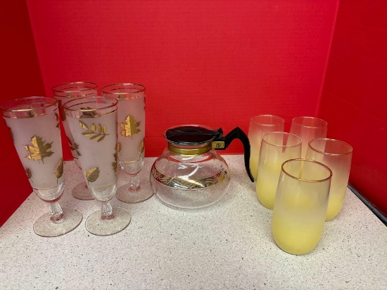 Mid-century lot Libbey Gold leaf Pilsner glasses, Cory coffee carafe, yellow blendo glasses