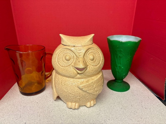 Hazel Atlas Amber coin Dot pitcher, McCoy owl cookie jar, Jeanette herringbone vase