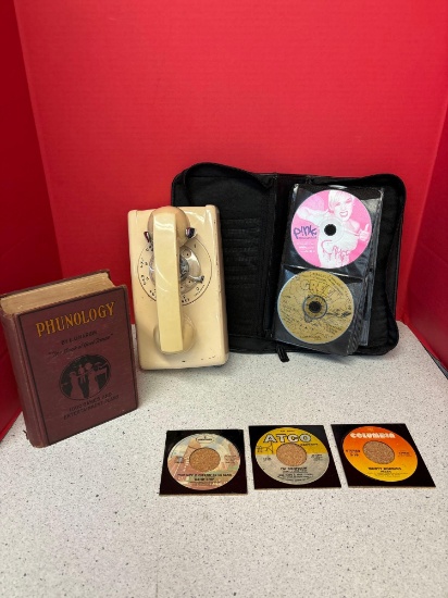 Vintage wall phone, 90s CDs, Phunology book, Record coasters