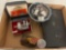 Pflueger reel inbox, drafting set, napkin rings, gnome, etc.