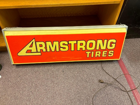 Armstrong Tires hanging, two-sided lighted, sign working.