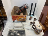 Glass vases, serving dishes, Grundig flatware, Japanese mini cups, candle holders