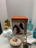 vintage glass, brass candle holder, porcelain eagle, etc.