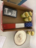wender August Forge Thistledown plaque, Patriotic bunting, child?s dish, four potter rooster
