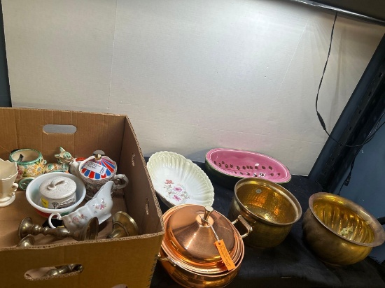 brass candleholders, metal pots, watermelon dish, and other collectibles