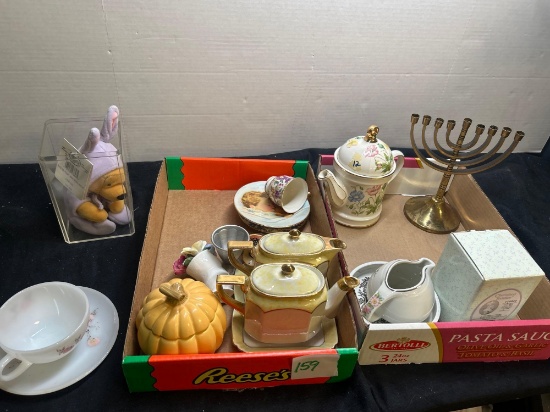 fire king cup and saucer, Winnie the Pooh collectible, and other tea pots