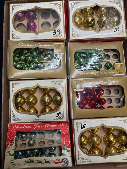 shiny brite and Christmas ornaments in boxes