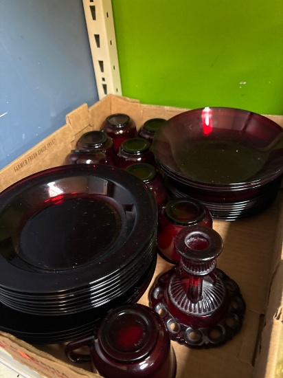 vintage ruby red dishes, cups, can