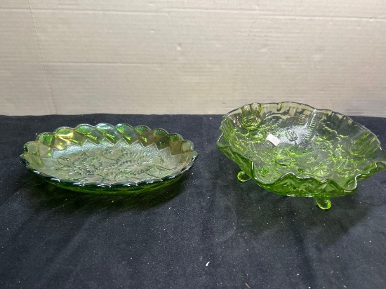 Green art glass flower serving dishes