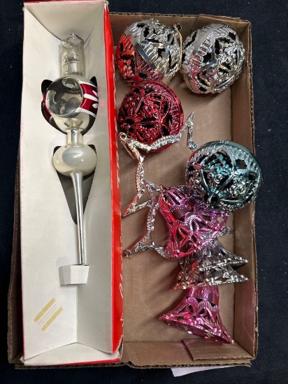 Christmas hand blown tree topper and ornaments