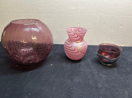 Violet crackle glass bowl, pink gold swirl vase and violet cup